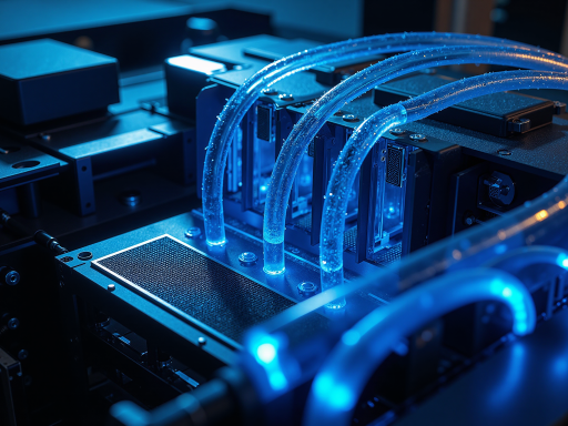 服务器主板上安装金属冷板的特写，铜质散热器，蓝色管路连接，精密工程设计