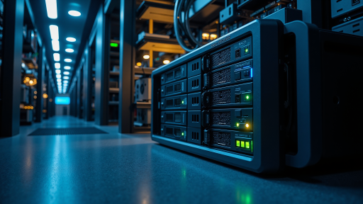 现代化数据中心内部，整齐排列的服务器机柜，蓝色管道系统环绕，绿色指示灯闪烁