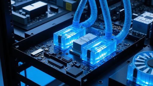 超级计算机集群内部，密集排列的计算节点，银色散热管路系统，蓝色LED指示灯