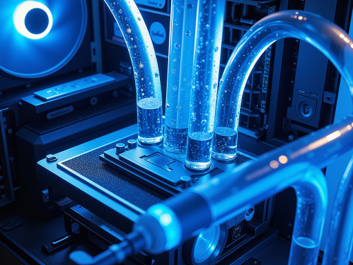 服务器设备浸没在透明冷却液体中的场景，蓝色灯光照明，高科技实验室环境，现代数据中心内部