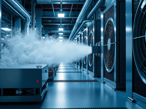 服务器机架内喷嘴向电路板喷洒冷却液体的场景，雾状液体分布，精密控制系统